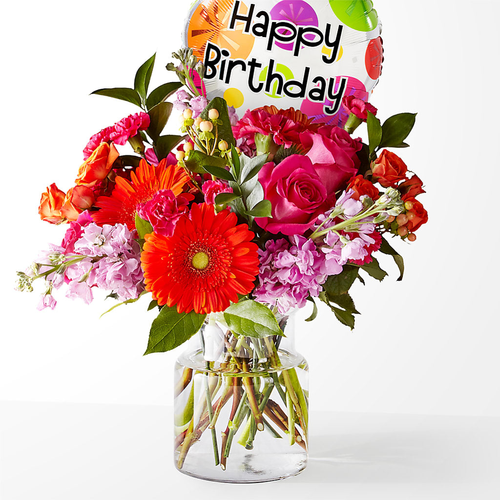 Fiesta Bouquet with Birthday Balloon – Fleuristerie Marie-chantal, Shawinigan PQ