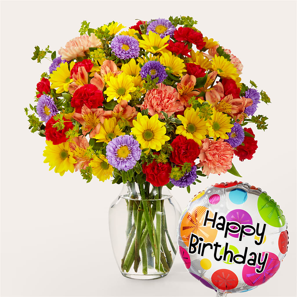 Kaleidoscope Bouquet with Birthday Balloon – Fleuristerie Marie-chantal, Shawinigan PQ