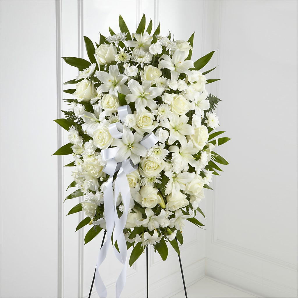 Exquisite Tribute Standing Spray-White Ribbon – Fleuristerie Marie-chantal, Shawinigan PQ