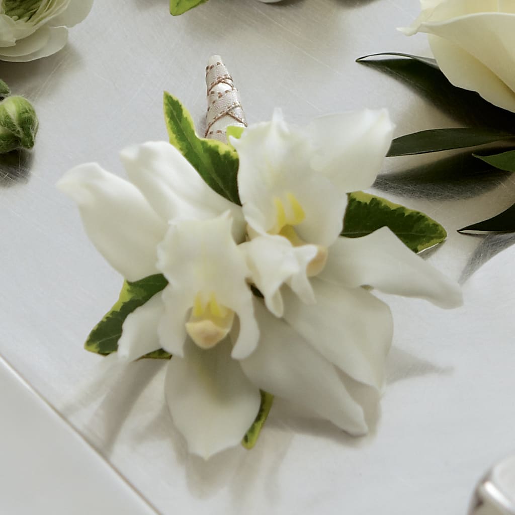 White Mini Cymbidium Boutonniere – Fleuristerie Marie-chantal, Shawinigan PQ