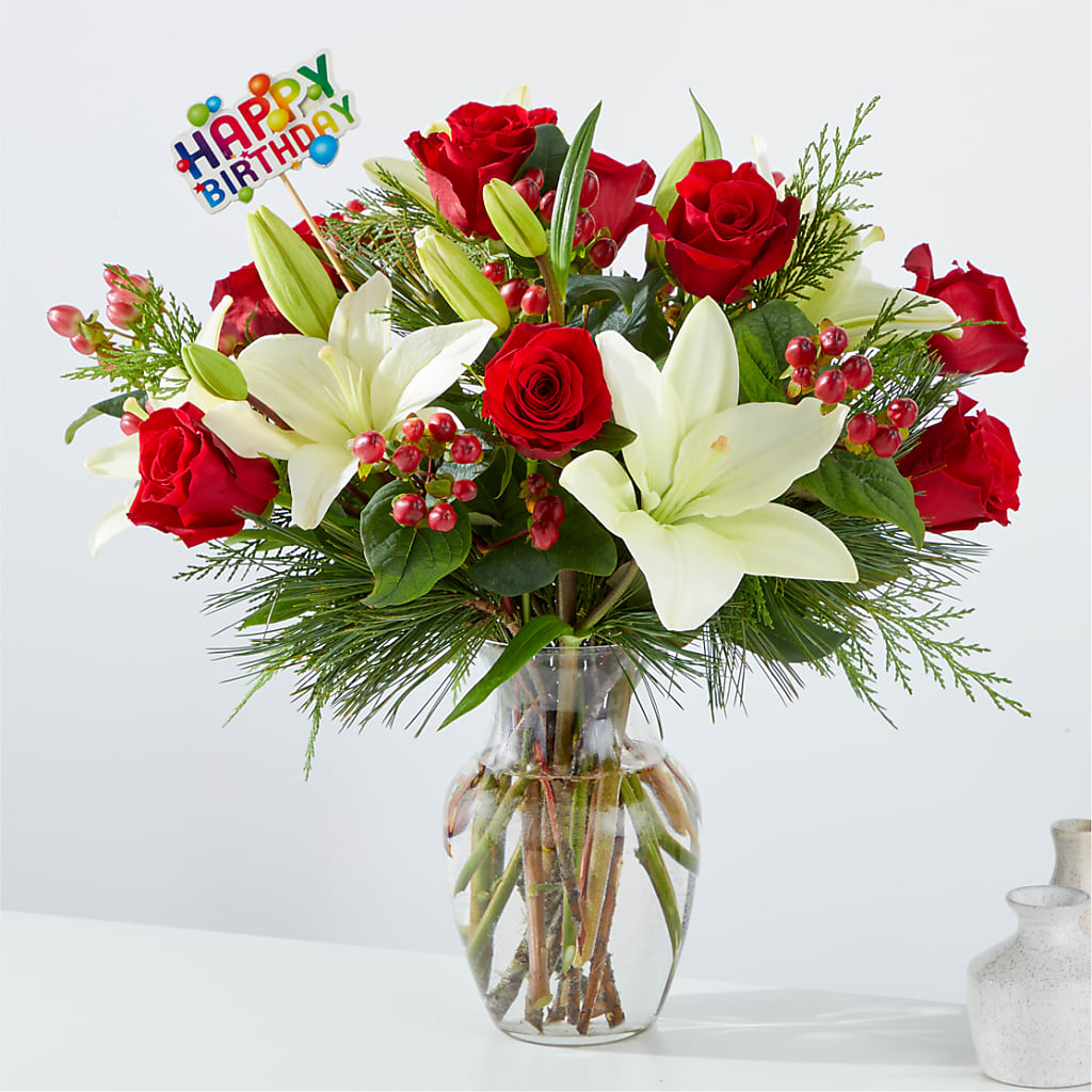 Bouquet Evergreen Delight et décoration « Joyeux anniversaire »